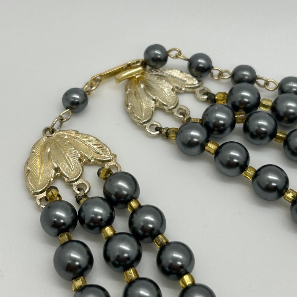 Vintage Three-Strand Gray Gold Iridescent Bead Faux & Pearls Prom Formal - Picture 10 of 16